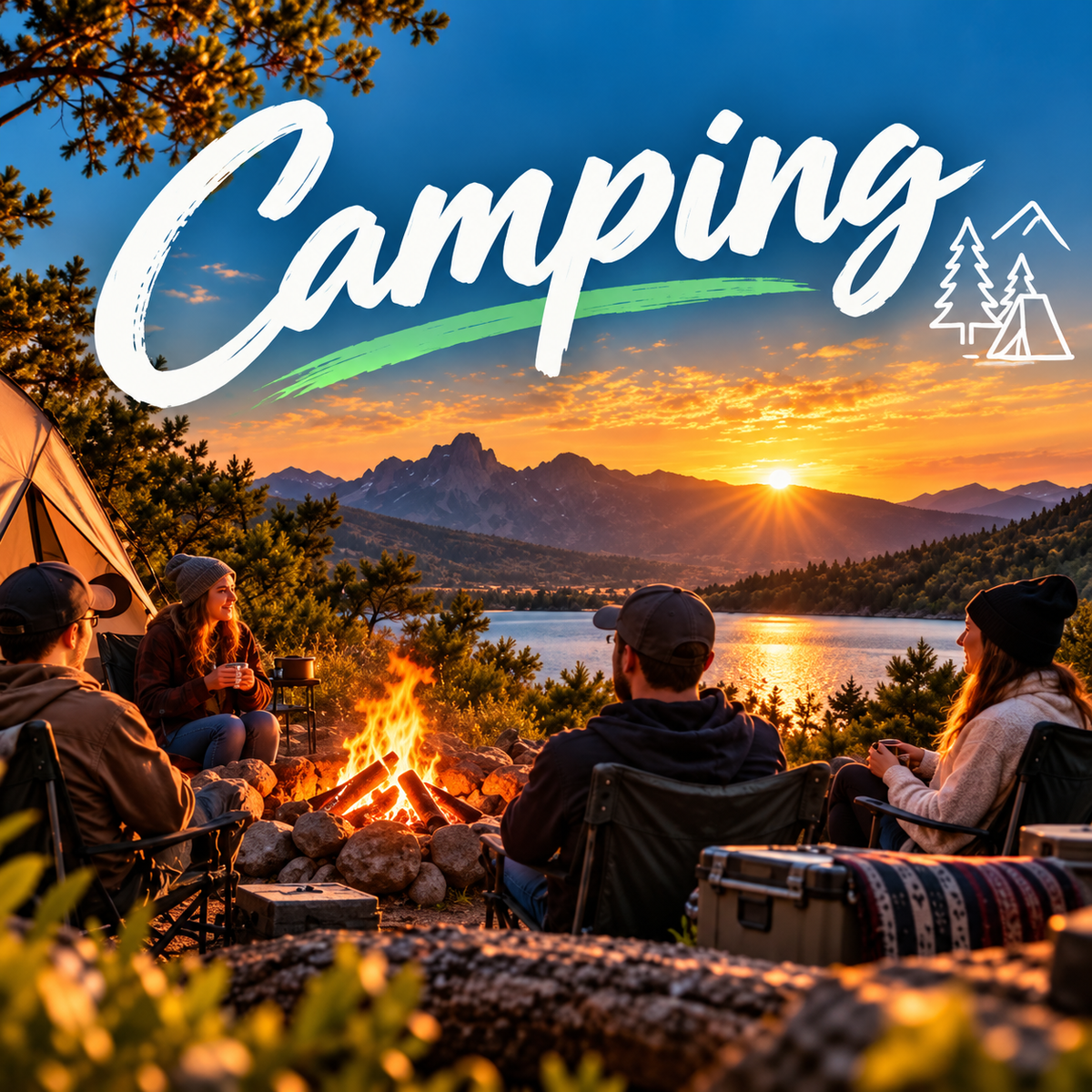 Friends around a campfire at sunset beside a lake, with a tent and mountains behind
