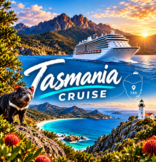Cruise ship off the Tasmanian coast with mountains, a lighthouse and a Tasmanian devil in the foreground